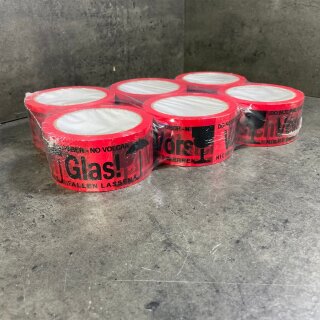 6 Rollen Warnklebeband "Vorsicht Glas" rot 48mm x 66m