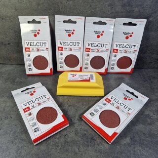 Handschleifer- Set Klett gelb mit Schleifpapier
